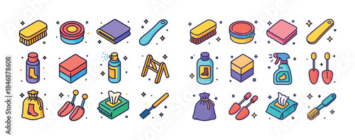 Colorful cleaning supplies collection: brushes, bottles, cloths,