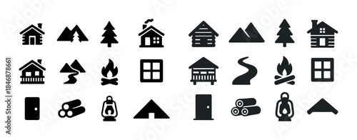 Collection of black and white camping and nature icon illustrati