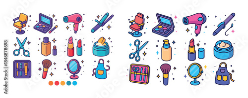Colorful collection of beauty and hair salon tools with makeup p
