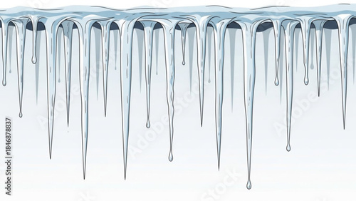 Icicles hanging from a icy surface with white background, clear and blue icicles melting