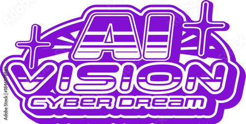 Computer ai vision and technology retro Y2K icon or symbol. Software and artificial intelligence vintage vector icon, 60s 70s sign. Computer technology Y2K symbol or element with abstract typography