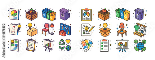 Colorful eco-friendly and office icons illustrating sustainabili