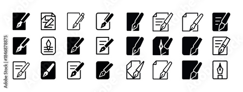 Variety of pen nib and document icons in black and white