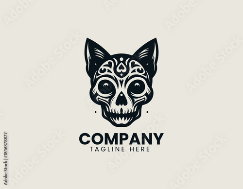 Iconic skull cat head is designed as a bold and minimalist black vector logo illustration
