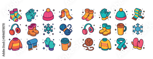 Colorful winter clothing accessories: hats, scarves, gloves, soc