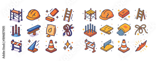Colorful construction tools and safety equipment icons set