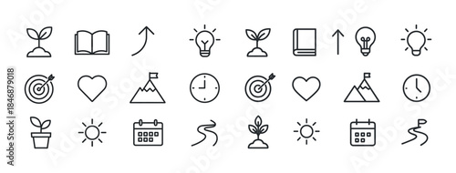 Minimalist line icons: growth, knowledge, and achievement symbol