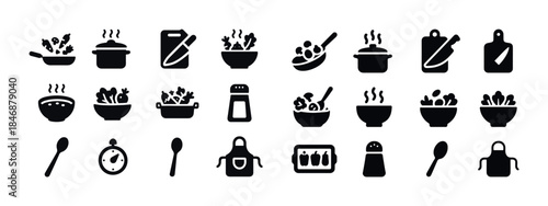 Cooking icon set: utensils, ingredients, tools, food preparation