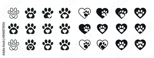 Paw and heart icon set in black and white - 20 unique designs