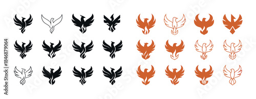 Phoenix icon set with black and orange variations in different s