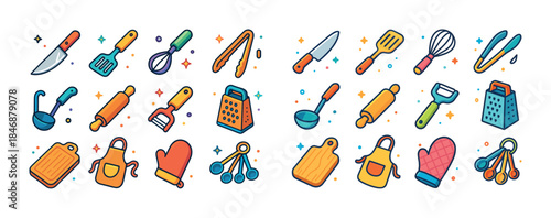 Colorful kitchen utensils collection: spatula, knife, whisk, gra