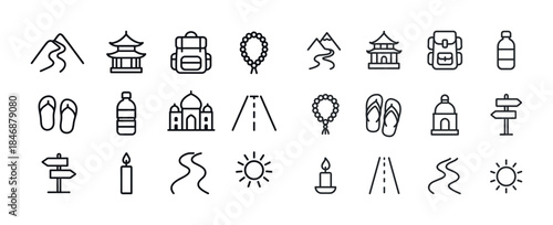 Travel icons: mountains, temples, roads, backpacks, footwear, ca