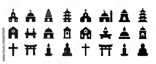 Silhouette icons of religious buildings and symbols