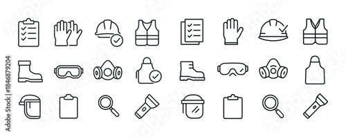 Safety equipment icons: helmet, vest, goggles, mask, boots, clip