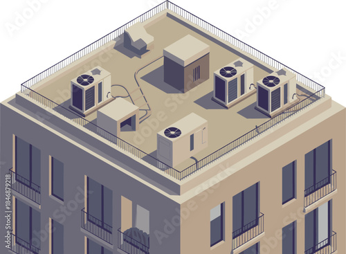 Isometric Apartment Building Rooftop with HVAC Air Conditioning Units and Ventilation System