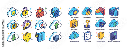 Colorful security and cloud technology icons with shields, locks