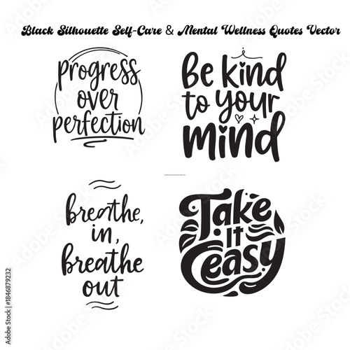 Solid Self Care Quotes Silhouettes Vector | Mental Health Inspired Typography Illustration