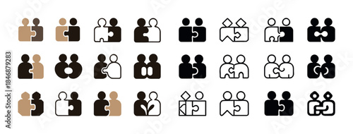 Abstract symbolic icons of interconnected human figures in vario