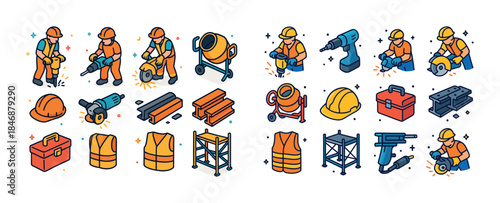Construction tools and workers icons: equipment, hard hats, safe