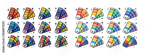Vibrant color swatches displayed in varied patterns on white bac
