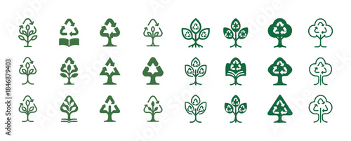 Set of green recycling tree icons with leaf designs for environm