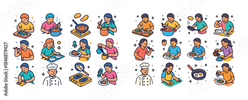 Caucasian and hispanic adults cooking variety of dishes in icon