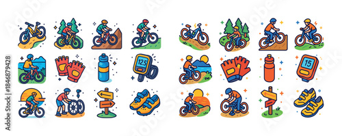 Colorful cycling icons set: biking, equipment, outdoor fun