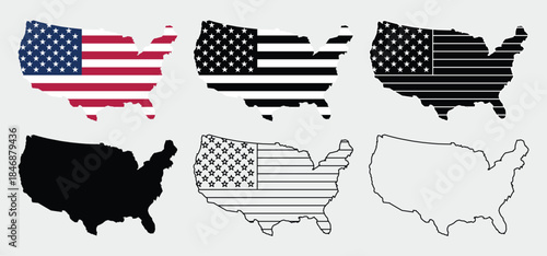 United states map collection with color and monochrome flag variations and outlines