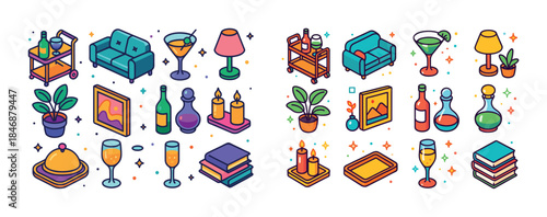 Colorful vector icons of home decor and leisure items with furni