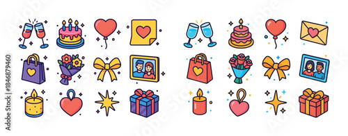 Colorful icons of love, celebration, and gift giving with hearts