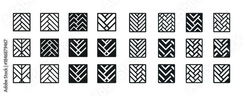 Collection of black and white geometric patterns in square desig