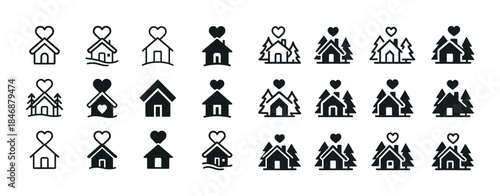 Heart-integrated house icons: diverse rustic and modern home des