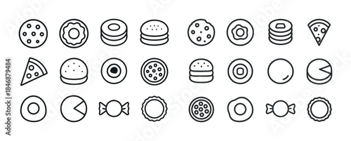 Assorted black and white line icons of snacks and desserts