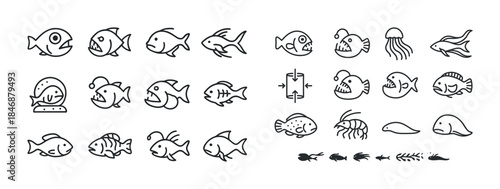 Diverse fish icon set featuring aquatic creatures and marine lif