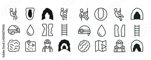 Cave exploration line icons: helmets, maps, ladders, caves, rock