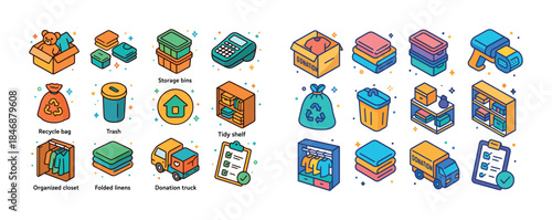 Colorful icons of organization and recycling with storage soluti