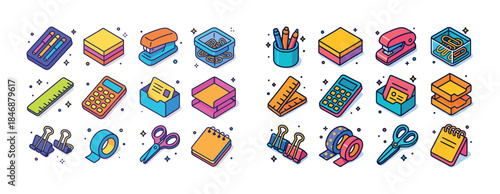 Colorful stationery icons collection with office supplies and to