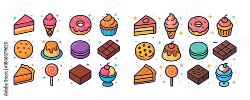 Colorful assorted desserts illustration: cakes, ice cream, donut