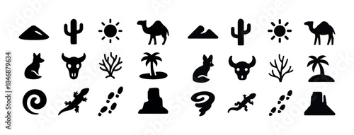 Desert icons collection: cacti, camels, sun, and wildlife in sil