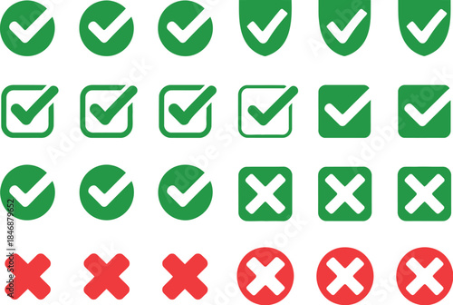 Vector Icon Set Green Checkmarks and Red Crosses for Approval, Denial, and Status Indicators