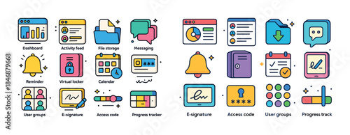 Colorful dashboard and app icons for data management and communi