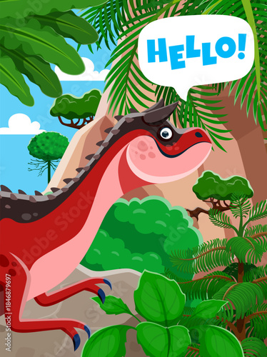 Prehistoric dinosaur funny cartoon character. Extinct prehistoric animal, Jurassic era dinosaur isolated vector personage. Carnotaurus reptile cute cartoon character in ancient rainforest jungles