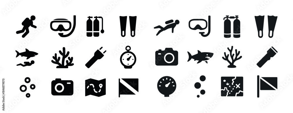 Fototapeta premium Diving icons set: snorkeling, scuba gear, underwater exploration