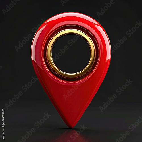 Glossy, red location marker with gold ring on dark backdrop