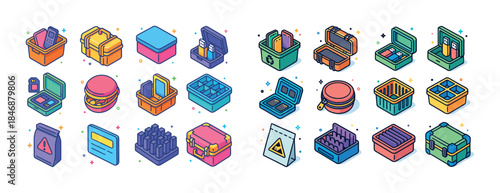 Colorful isometric storage boxes and containers collection
