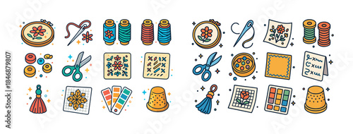 Colorful sewing and embroidery tools and patterns