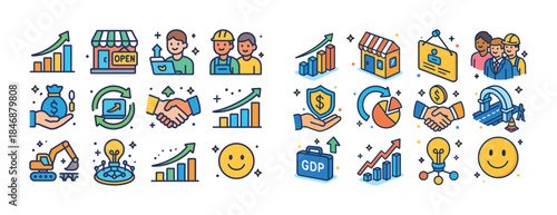 Business growth and teamwork symbols: graphs, people, handshake,