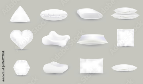 Various pillows set. Cushions isolated. Realistic white pillows mockup, vector