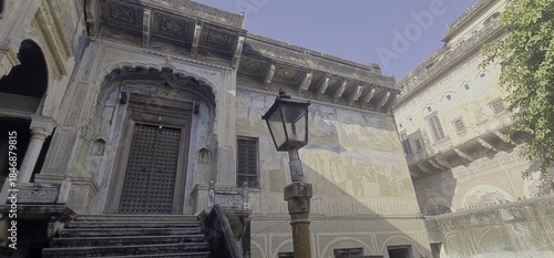 Heritage Haveli Main Entrance with Traditional Lamp and Architectural Details in Mandawa Rajasthan