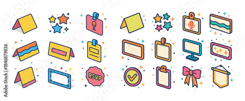 Colorful cartoon icon set of signs, boards, and badges